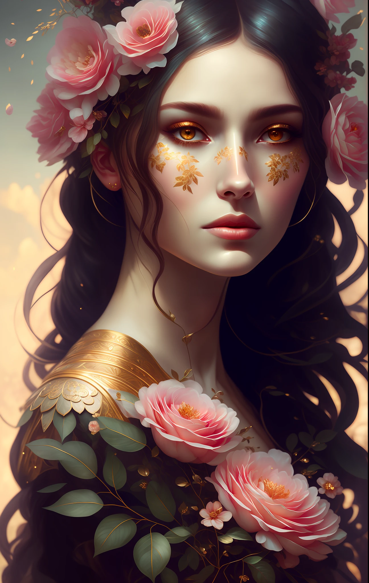 (symmetry: 1.1) (floral portrait: 1.05) a woman like a FOREST FAIRY, (assassins creed style: 0.8), pink and gold and opal color scheme, beautiful and intricate filegrid face painting, intricate, elegant, highly detailed , digital painting, arts station, concept art, soft, sharp focus, illustration, art by greg rutkowski and alphonse mucha, 8k