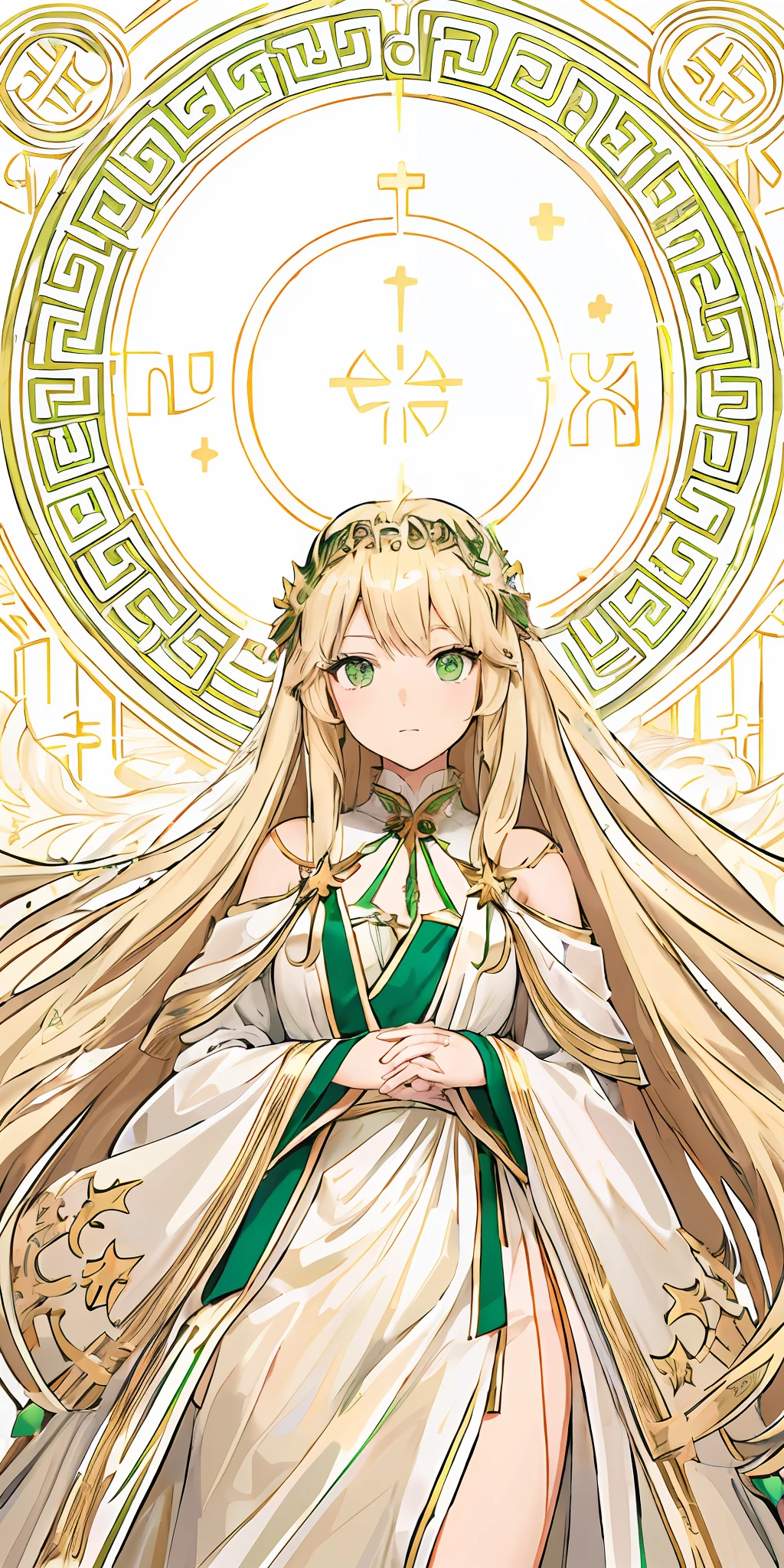 anime girl in a white dress with long blonde hair and a green and white dress, anime goddess, palutena, the goddess artemis smirking, lady palutena, portrait knights of zodiac girl, official art, ((a beautiful fantasy empress)), the godess hera looking angry, blonde anime girl with long hair, ancient goddess, anime visual of a cute girl