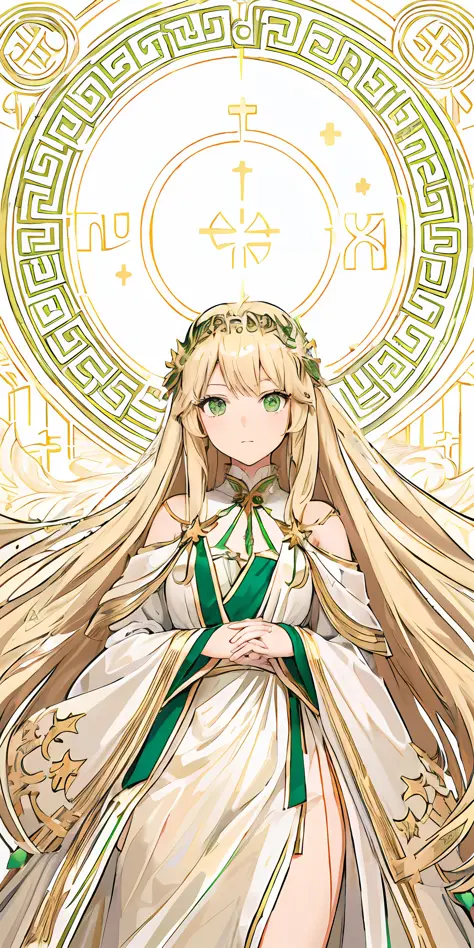 anime girl in a white dress with long blonde hair and a green and white dress, anime goddess, palutena, the goddess artemis smirking, lady palutena, portrait knights of zodiac girl, official art, ((a beautiful fantasy empress)), the godess hera looking ang...