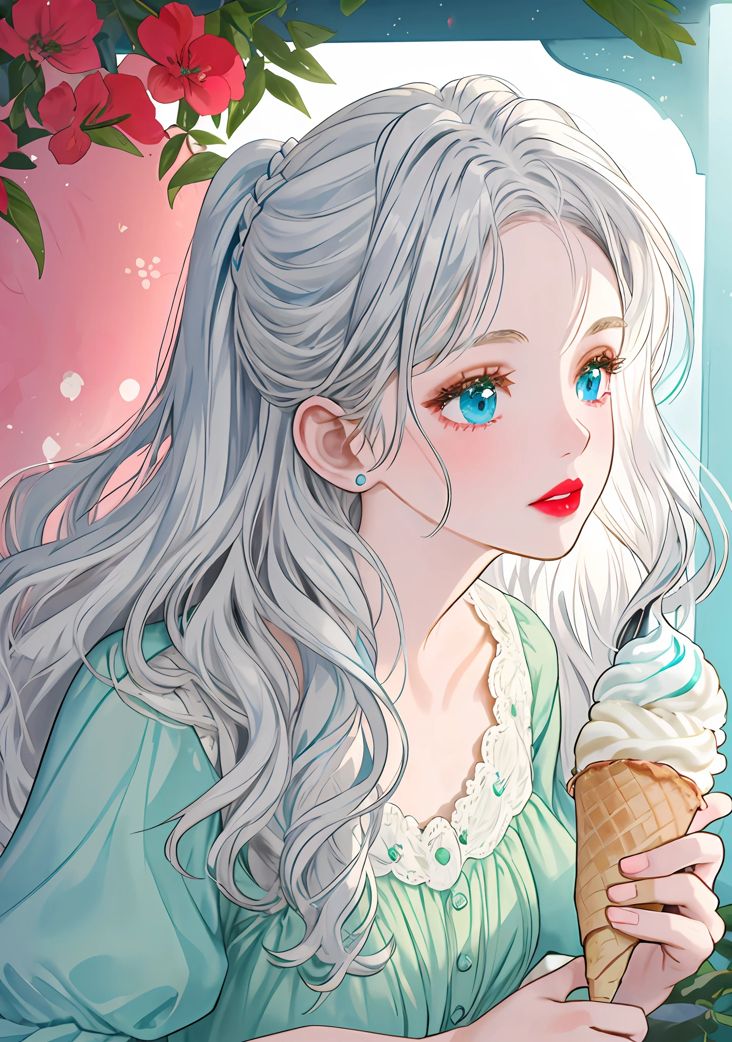 a close-up of a person holding an ice cream cone, sweet girl, woman with wavy silver hair, bangs, light blue eyes, red lips, tender green dress,
