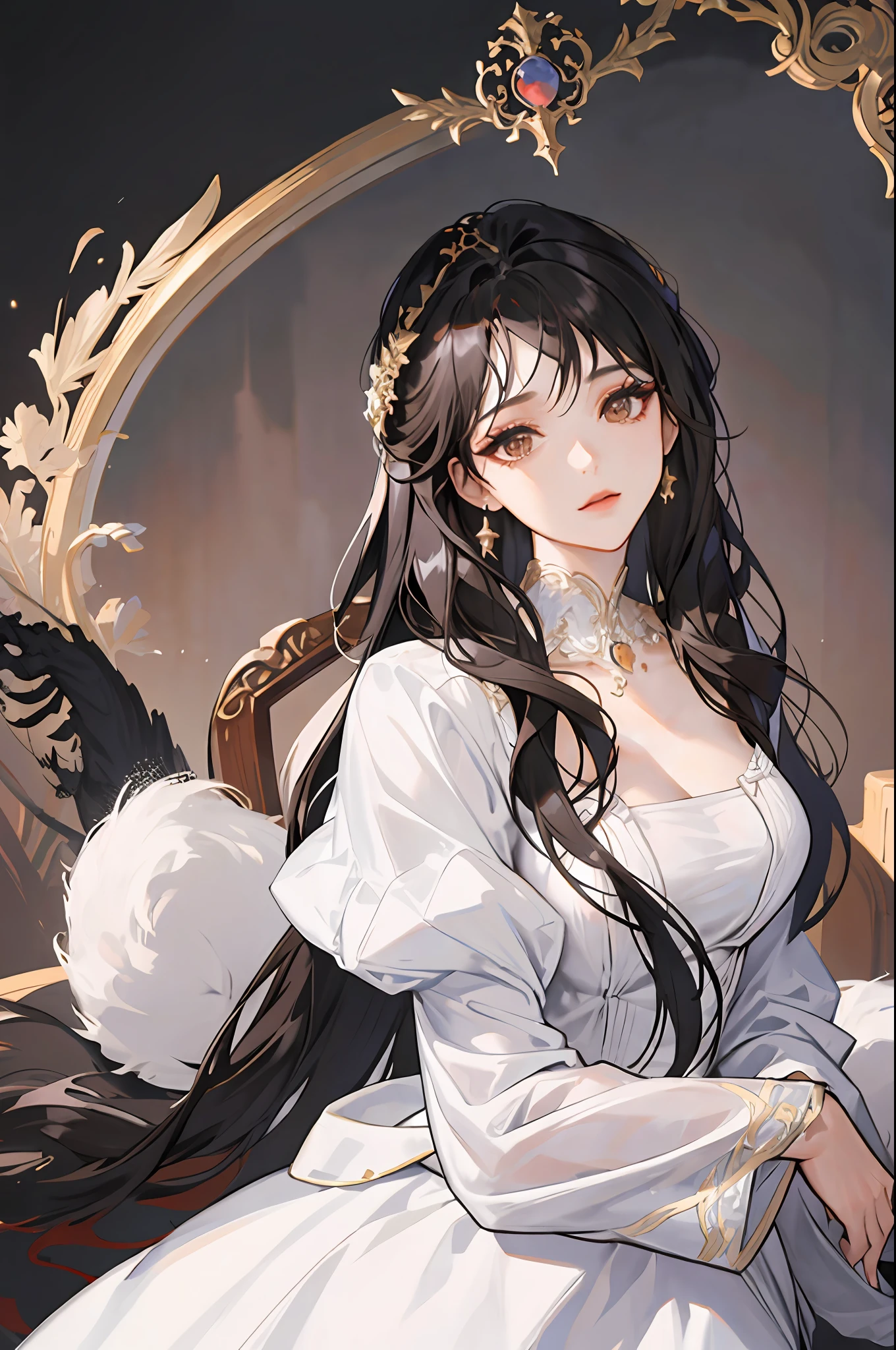 ((masterpiece: 1.2, best quality)), 1 woman, long black hair, brown eyes (gorgeous: 1.4), white dress, fantasy, elegant, royalty, fantastic light and shadow, extremely detailed face, strong woman, suit