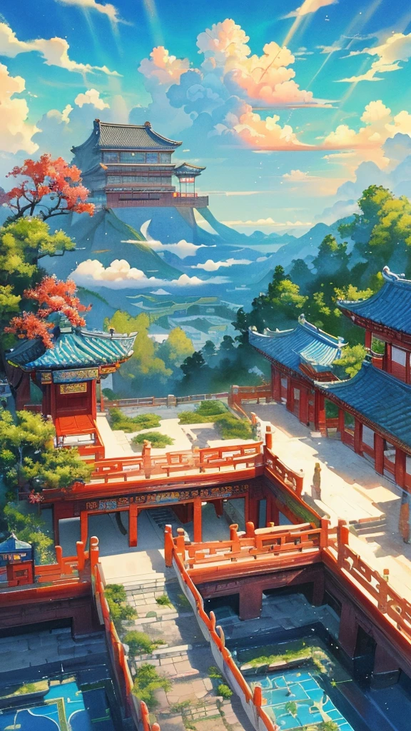 A painting of a japanese landscape with a pagoda and a pond - SeaArt AI