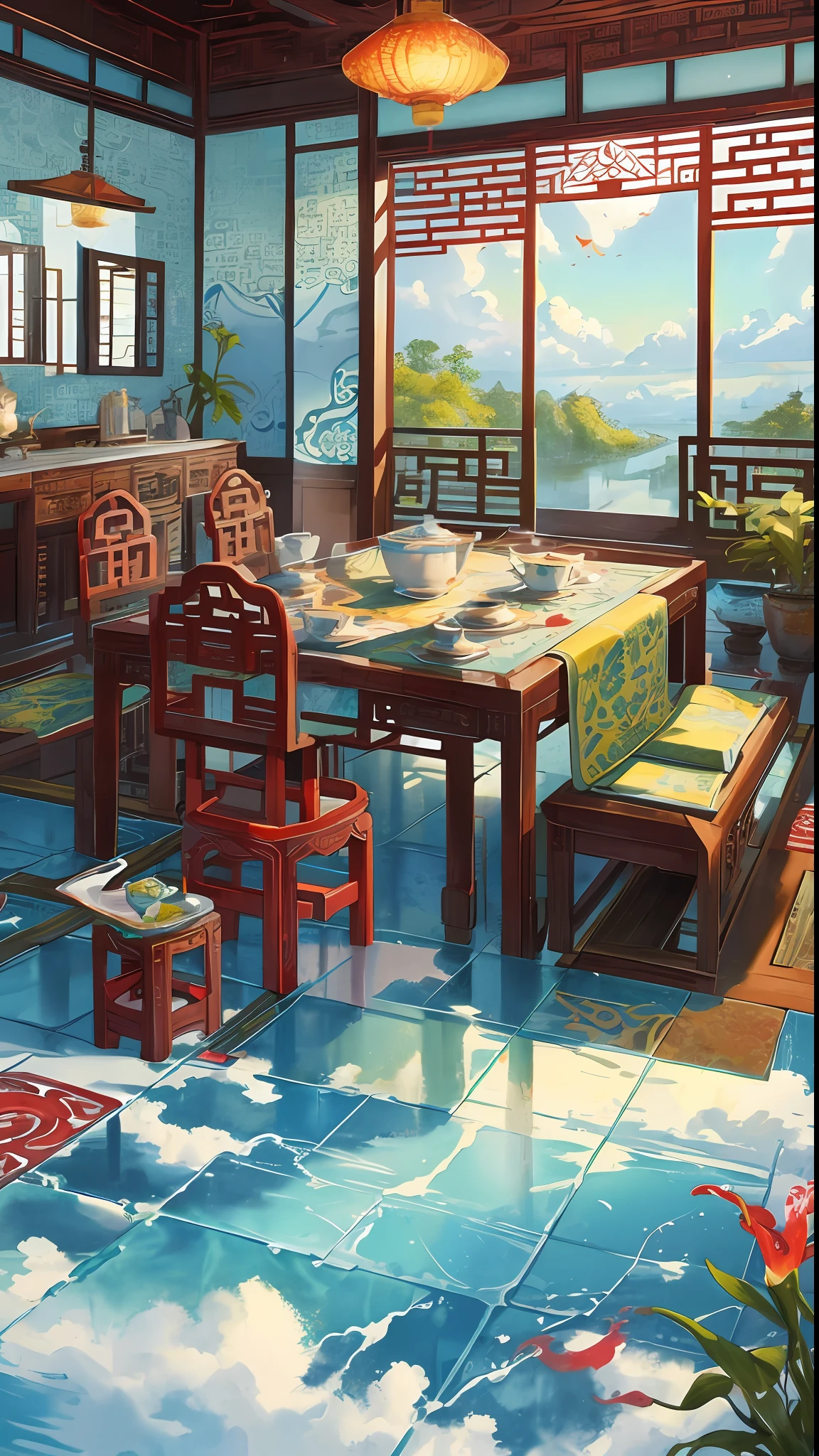 la escena del juego, el antiguo palacio chino está situado sobre las nubes, rodeado de nubes y niebla, majestuoso, azulejos esmaltados, rayos de luz de colores, ((color tinta)),((splash tinta)),((splash tinta) tinta}) ), Obra maestra, alta calidad, Gráficos refinados, alto detalle
