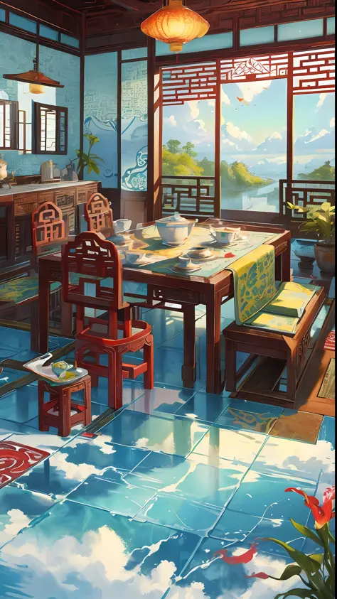 The game scene, the ancient Chinese palace is located above the clouds, surrounded by clouds and mist, majestic, glazed tiles, c...