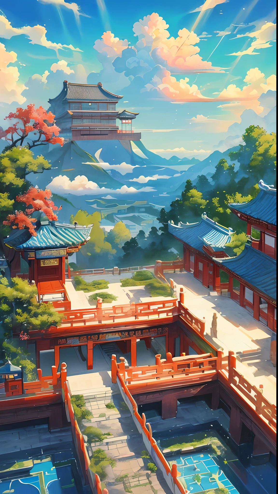 A cena do jogo, o antigo palácio chinês está localizado acima das nuvens, cercado por nuvens e névoa, majestoso, Telhas de vidro, raios de luz coloridos, ((color tinta)),((splash tinta)),((splash tinta) tinta}) ), Obra de arte, alta qualidade, Gráficos refinados, Alto detalhe