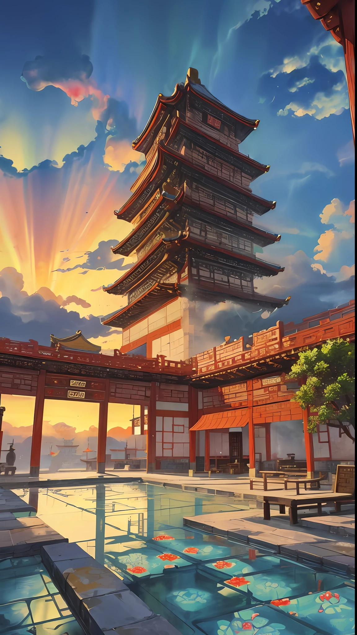 A cena do jogo, o antigo palácio chinês está localizado acima das nuvens, cercado por nuvens e névoa, majestoso, Telhas de vidro, raios de luz coloridos, ((color tinta)),((splash tinta)),((splash tinta) tinta}) ), Obra de arte, alta qualidade, Gráficos refinados, Alto detalhe