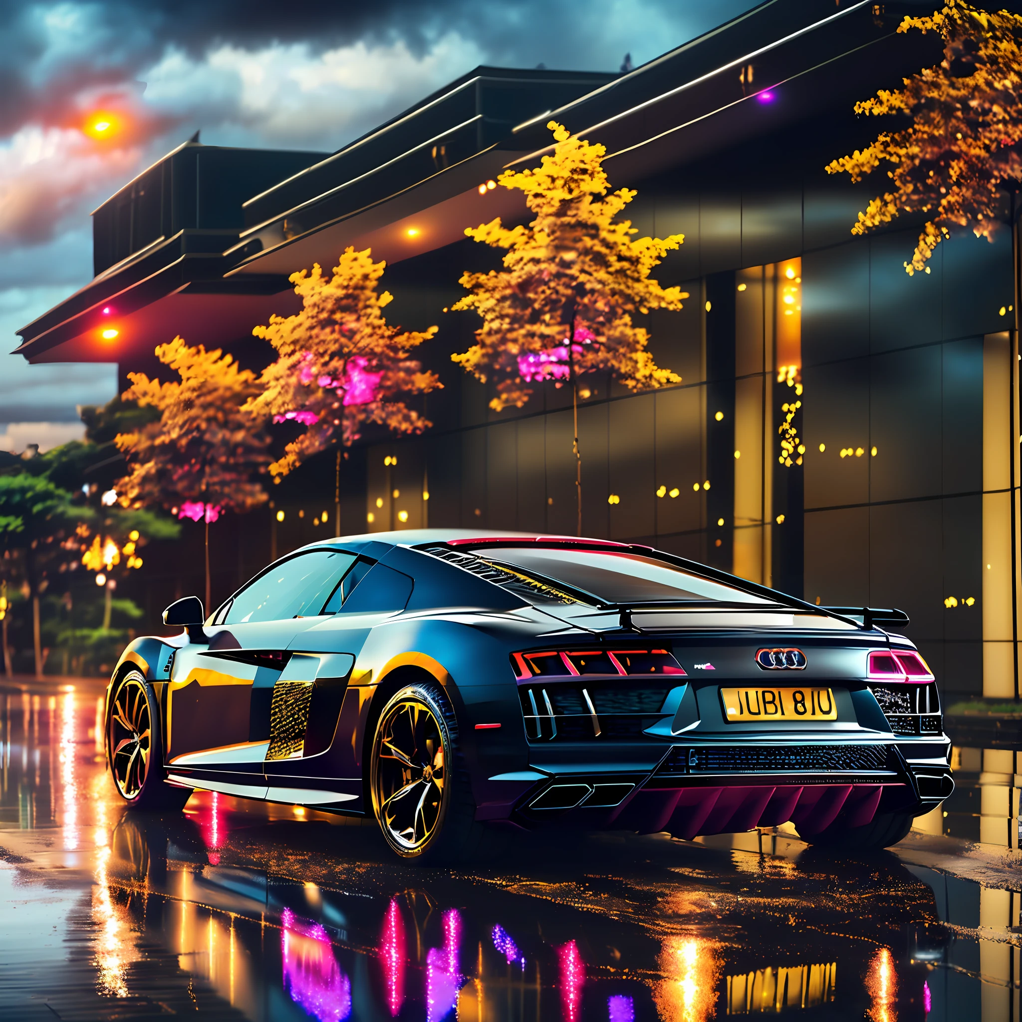 Ultra realistic 35mm photograph of a BLACK AUDI R8, with golden wheels, with golden details, parked diagonally on the street after the rain with splashes of water on the bodywork, cinematic city and some trees with pink leaves, dramatic lighting, ultra resolution, surrealism, reflections on the ground and cloudy sky