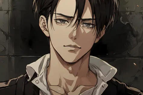 anime image of a man with a black jacket and white shirt, portrait of eren yeager, levi ackerman, snk, from attack on titan, anime handsome man, roguish smirk, (attack on titans anime), style of hajime isayama, attack on titan covert art, in attack on titan
