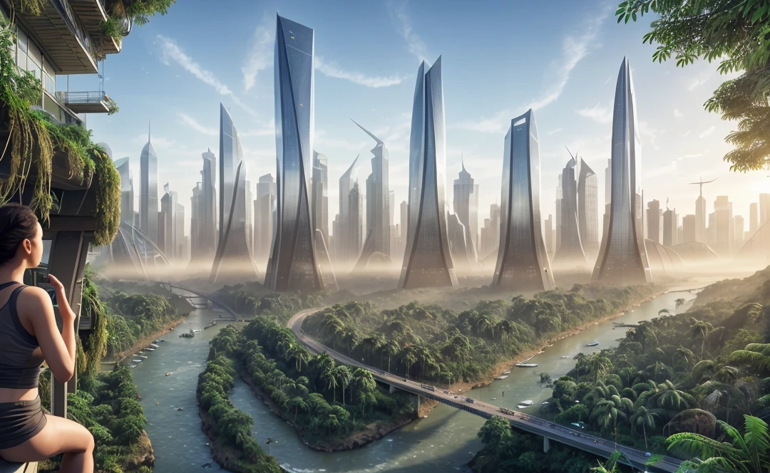 Generate a photorealistic image of a futuristic city in the jungle, with towering structures, advanced technology, and lush, green surroundings reflecting the unique challenges of city life in a natural environment, mist, river, uhd, 8K