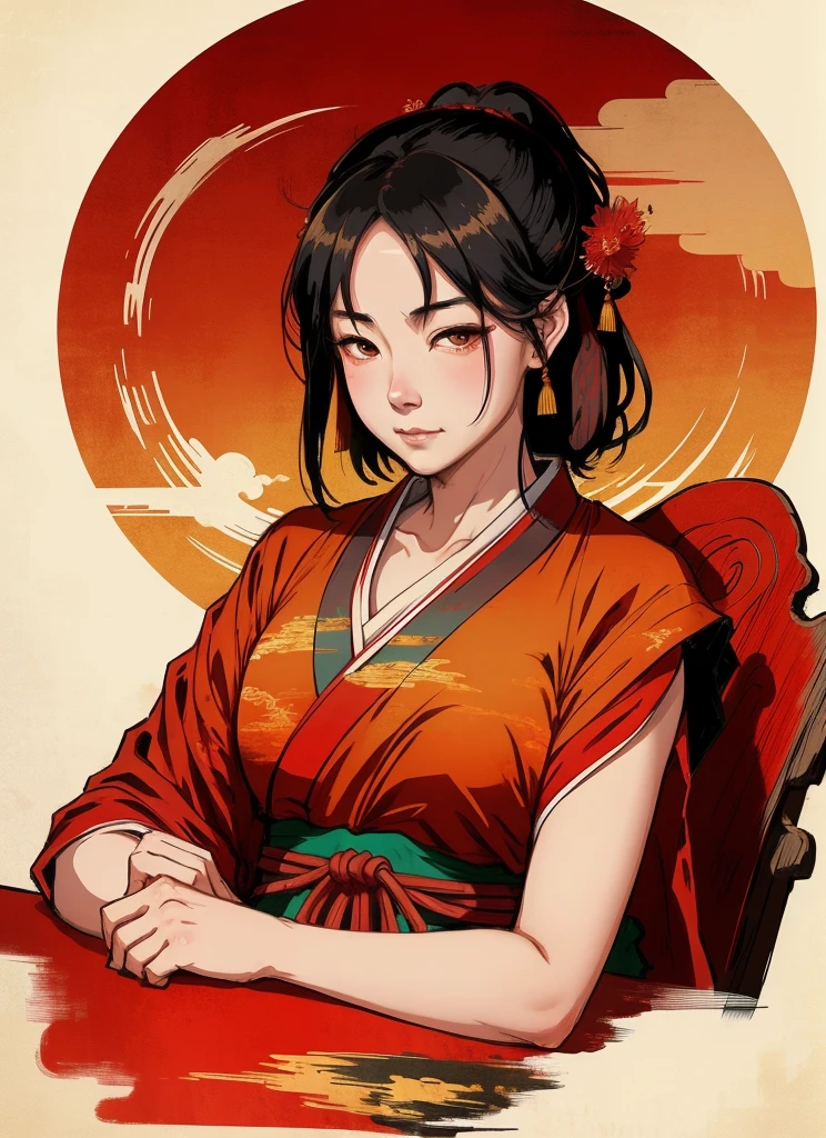 ancient china mythology, traditional style, greg rutkowski, bashful queen, isekai fantasy, wuxia genre, sitting at a table, (highly stylized artstyle), landscape