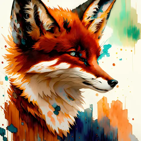 wtrcolor style, (fox) digital art, official art, front, smile, masterpiece, beautiful, ((watercolor)), face paint, paint splatte...