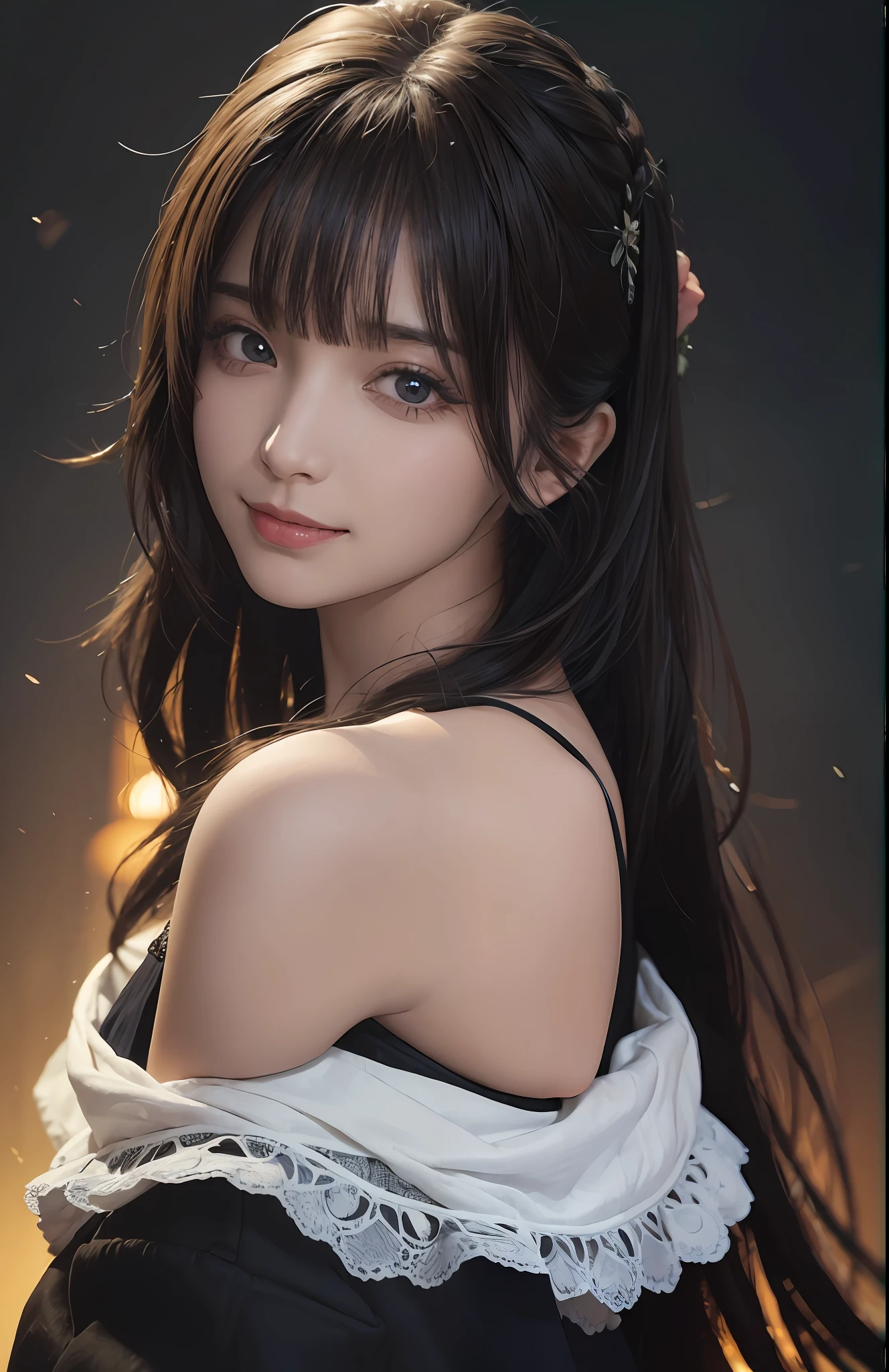 (Ultra Realistic), (Illustration), (Increased Resolution), (8K), (Extremely Detailed), (Best Illustration), (Beautiful and Detailed Eyes), (Best Quality), (Ultra Detailed), (Masterpiece ), ( wallpaper), (detailed face), solo, 1 girl, looking at viewer, fine details, detailed face, in the dark, deep shadows, low key, pureerosfaceace_v1, smiling, long hair, black shawl straight hair , 46 points oblique bangs