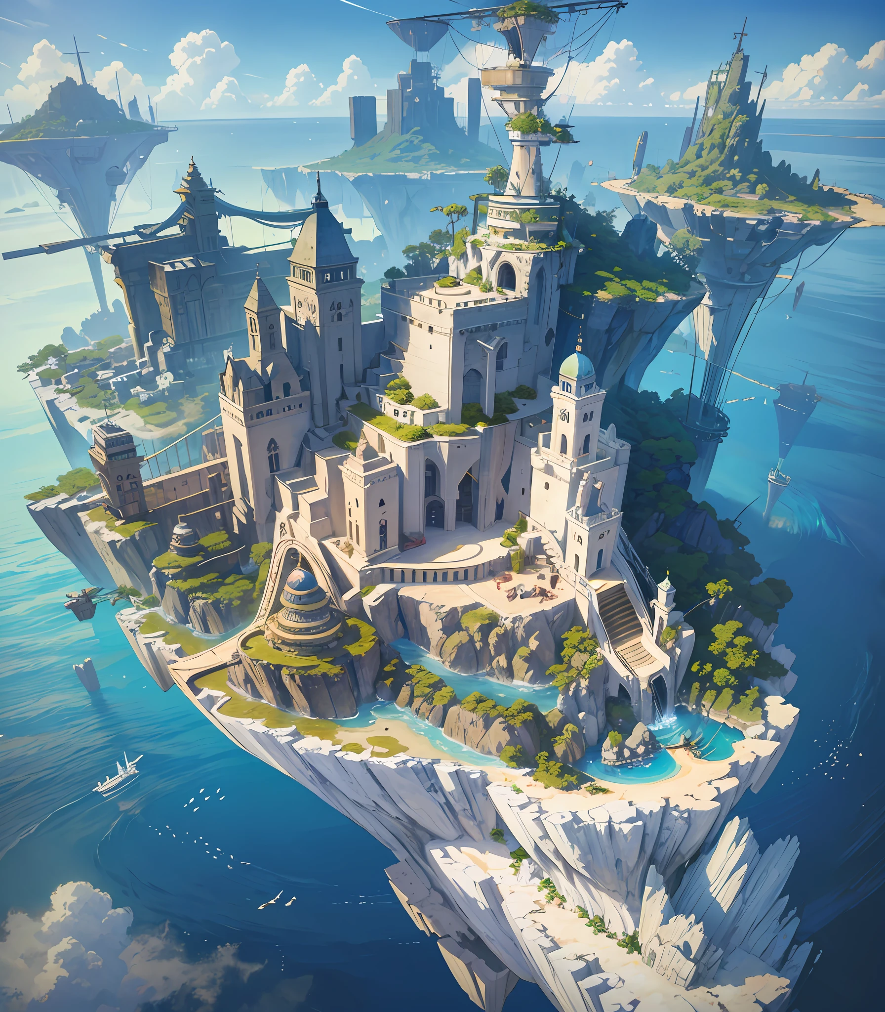 Many islands are suspended in the air with many small airships flying around, cities, fantasy, magical plants growing, extreme details, realistic light, epic composition, (complex details), (complex design, ultra-details :1.2), Art Station, (Masterpiece, Best Quality), Ultra HD, 32k --v 6