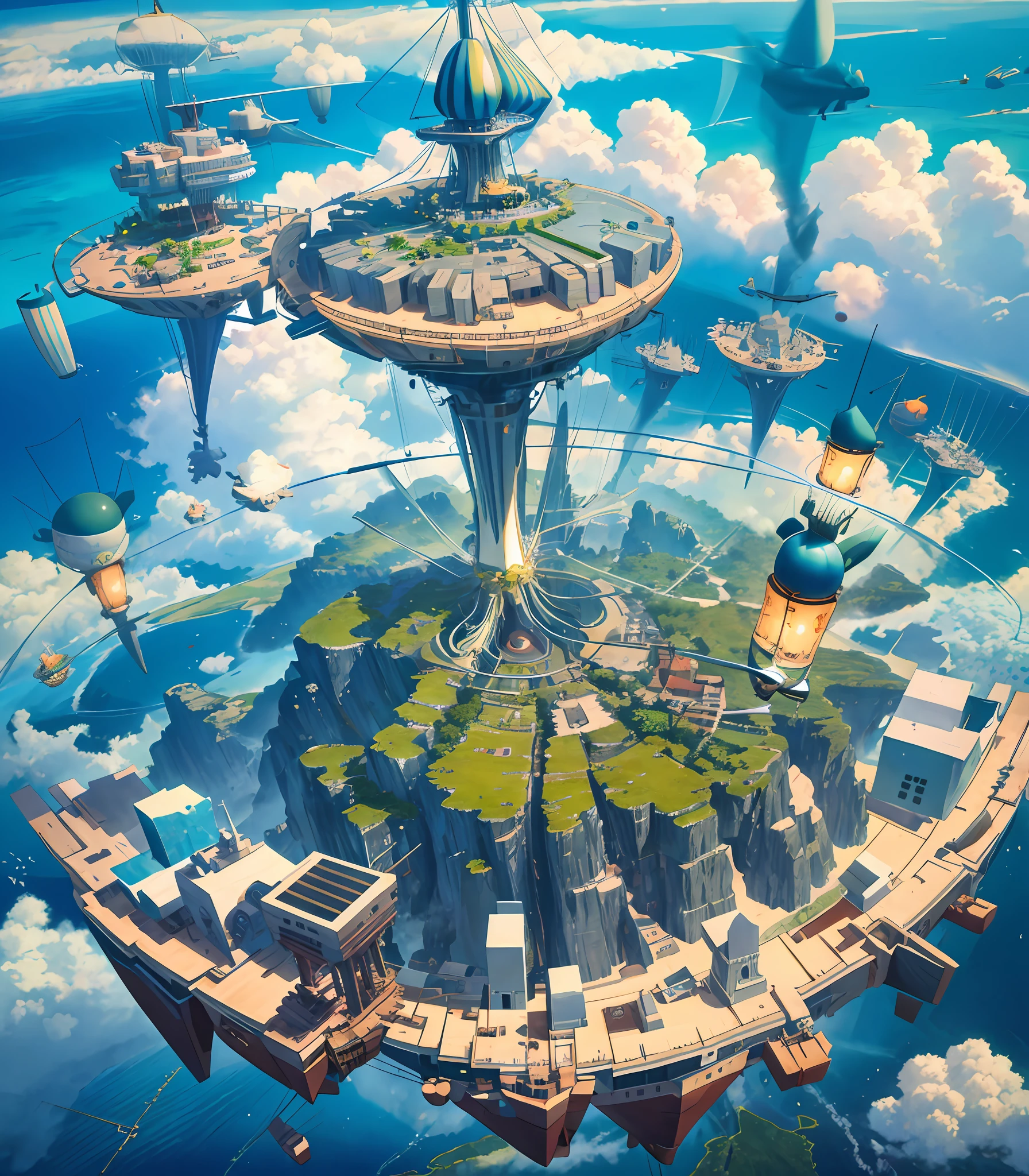 Many islands are suspended in the air with many small airships flying ...