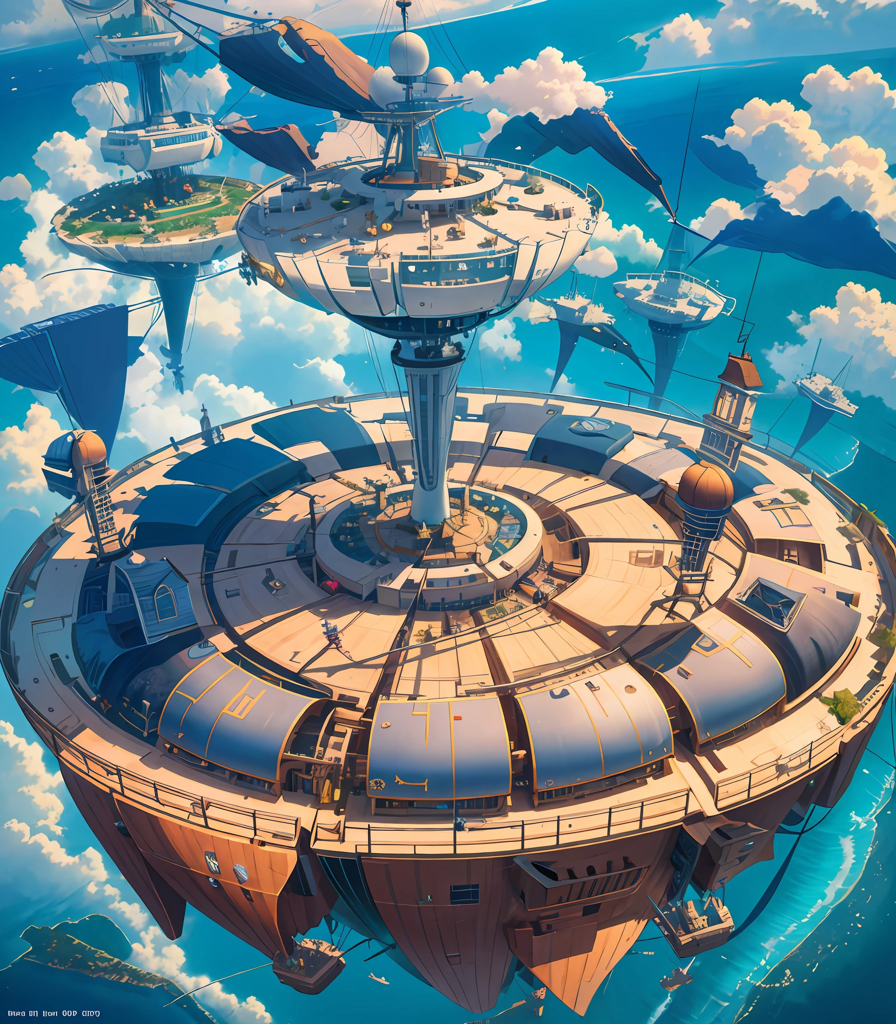 Many islands are suspended in the air with many small airships flying ...