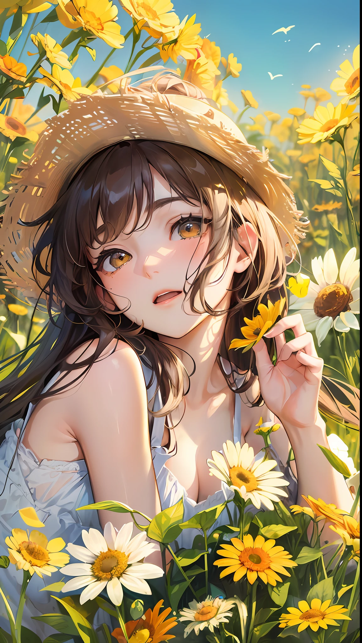 High Detail, Ultra Detail, Ultra High Resolution A cute and innocent girl is enjoying her time in an open field, surrounded by the beauty of nature, with the warm sun shining on her and wild flowers swaying gently in the breeze. Butterflies and birds flutter around her, adding to the playful atmosphere, --v6