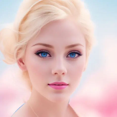 blond woman with blue eyes and a pink lip on the beach, blonde hair and large eyes, beautiful pale makeup, portrait of barbie do...