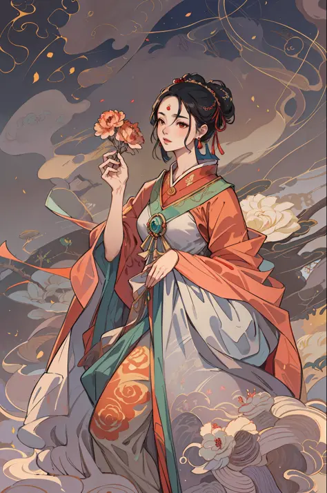 A beautiful girl in ancient China, mysterious temperament, gorgeous long dress, huge pomegranate tree, pomegranate flowers, standing under the tree, sunlight, clear face, masterpiece, super detailed, epic composition, high quality, highest quality , 4k --v 6
