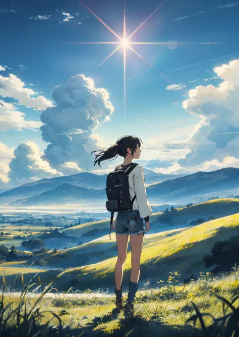 The vast sky, beautiful skyline, large grasslands, extremely tense and dramatic pictures, moving visual effects, high hanging Polaris, colorful natural glare. A girl in a long-sleeved top and denim shorts with a side backpack