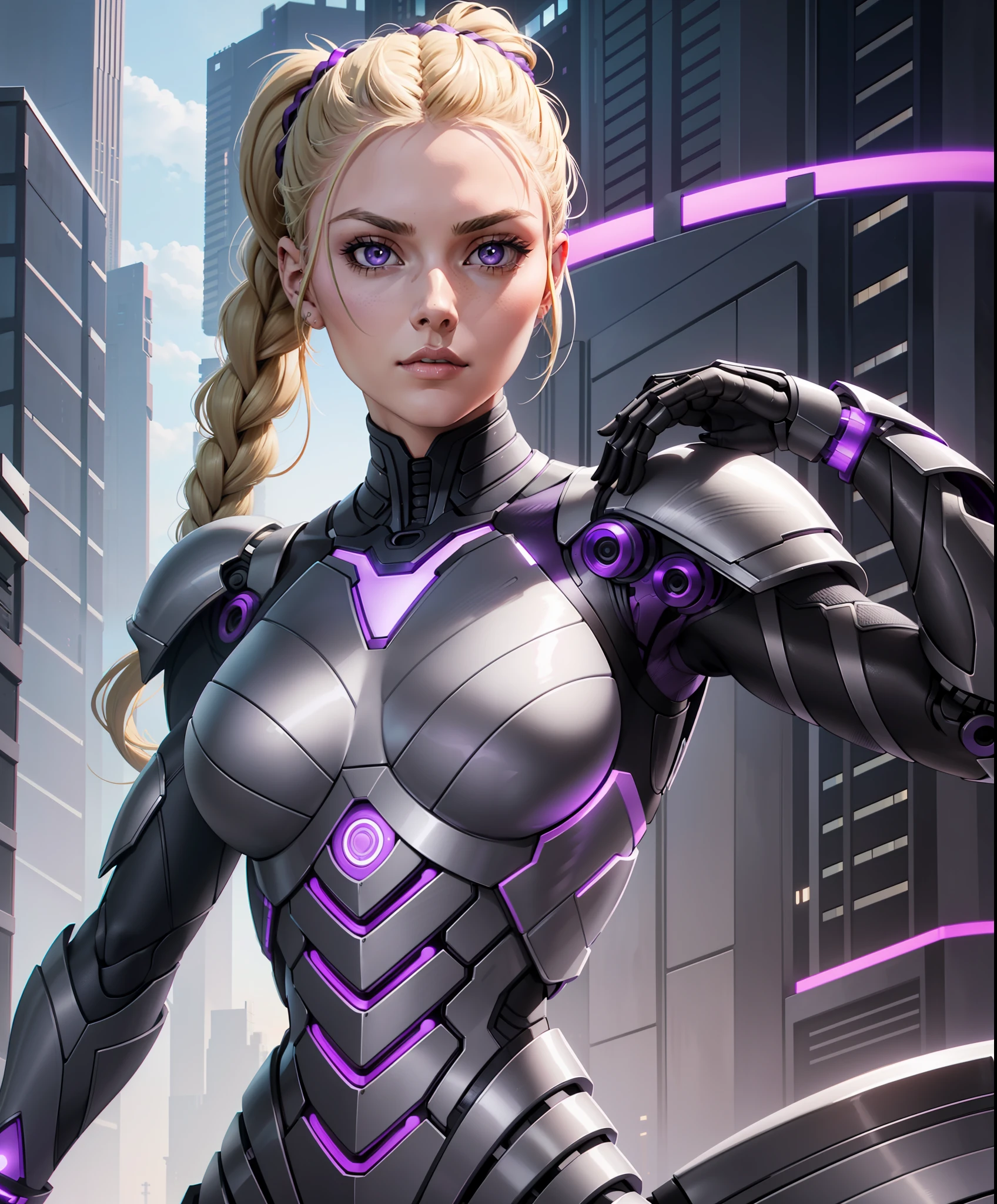 woman in her 20s, blonde, (perfect face), defined chin, beautiful lips, (beautiful bright purple eyes), (long black braided ponytail hair), (perfect anatomy), (athletic body), (sexy ), (perfect hands), (matte gray biomechanical armor), (looking at viewer), (medium shot photography), (futuristic city background), ultra-detailed photorealistic