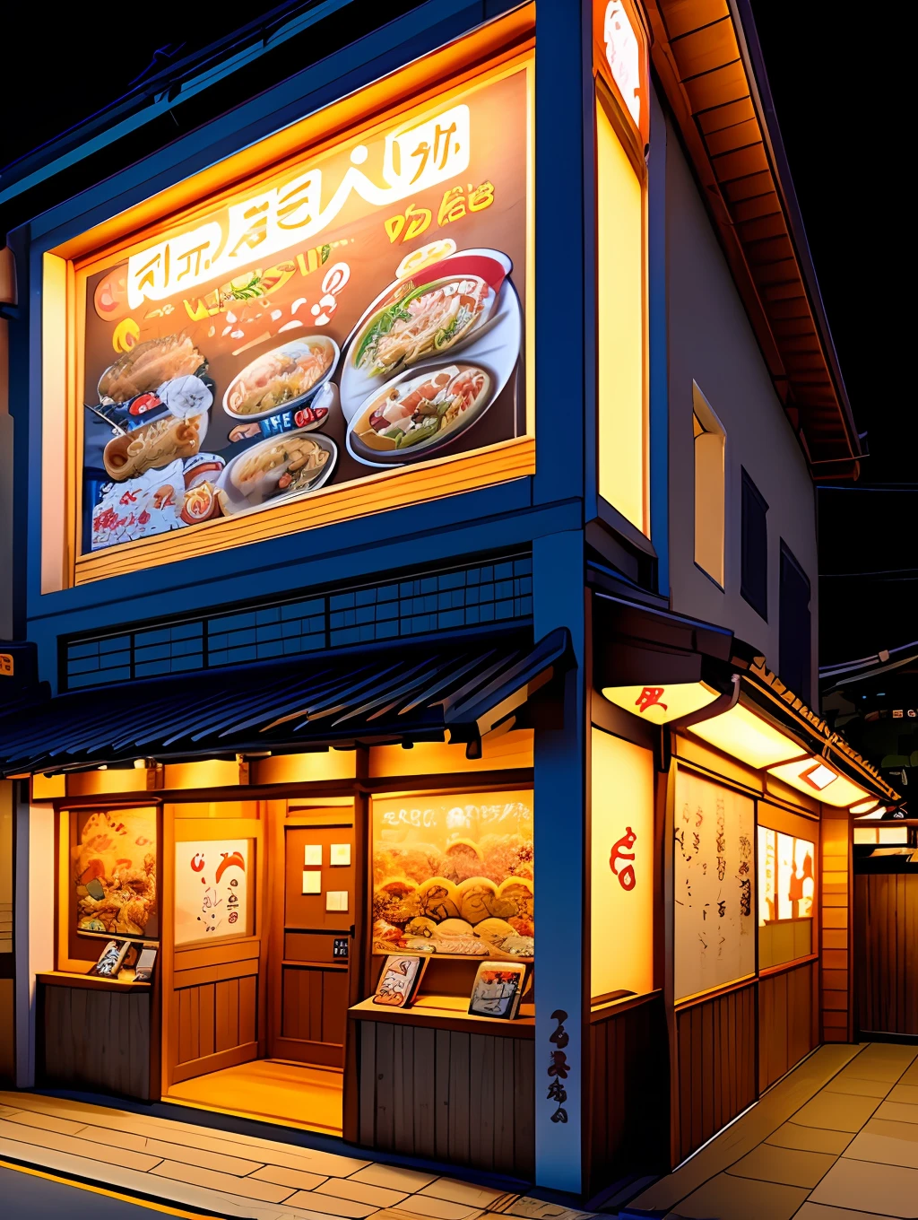 El exterior de la tienda de ramen, decorado con varios personajes de dibujos animados, y carteles de menú fáciles de leer, Japón, vista nocturna