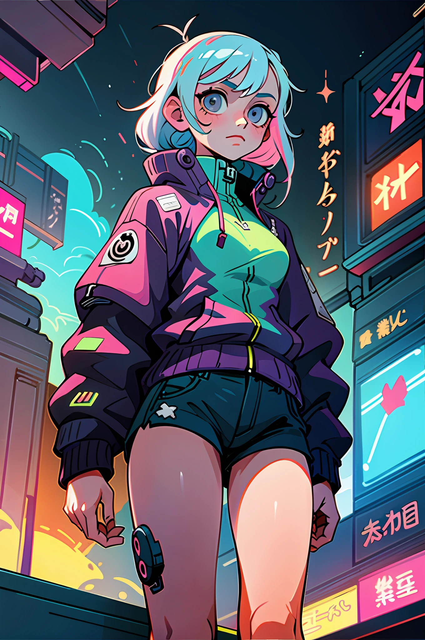 (beste Qualität, Meisterwerk), 1 Mädchen, cyberpunk, Sweatshirt, Neon, bewölkter Himmel, (Karikatur:1.5)