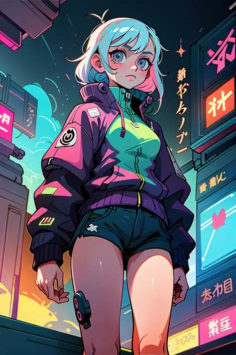 (best quality, masterpiece), 1girl, cyberpunk, sweatshirt, neon, cloudy sky, (cartoon:1.5)