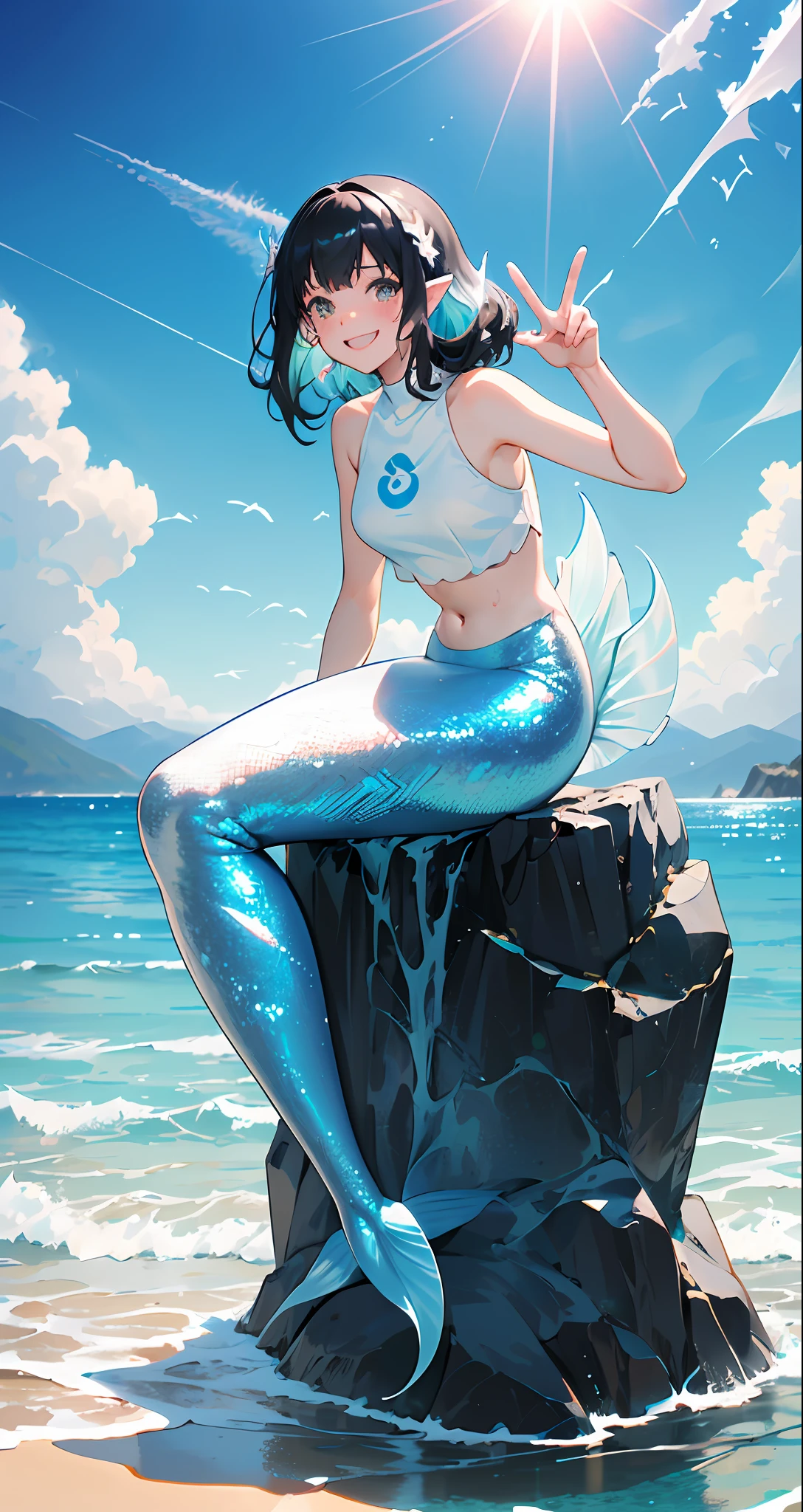 masterpiece, best quality, movie still,  1girl, upper body, peace sign pose, smile, laughing, happy, ocean, white crop top, sparkly white mermaid tail with clear fin, long straight black hair, blush, looking at viewer, cloud, splashing, waves, sun, mountain, wet, sitting on smooth black rock 8k