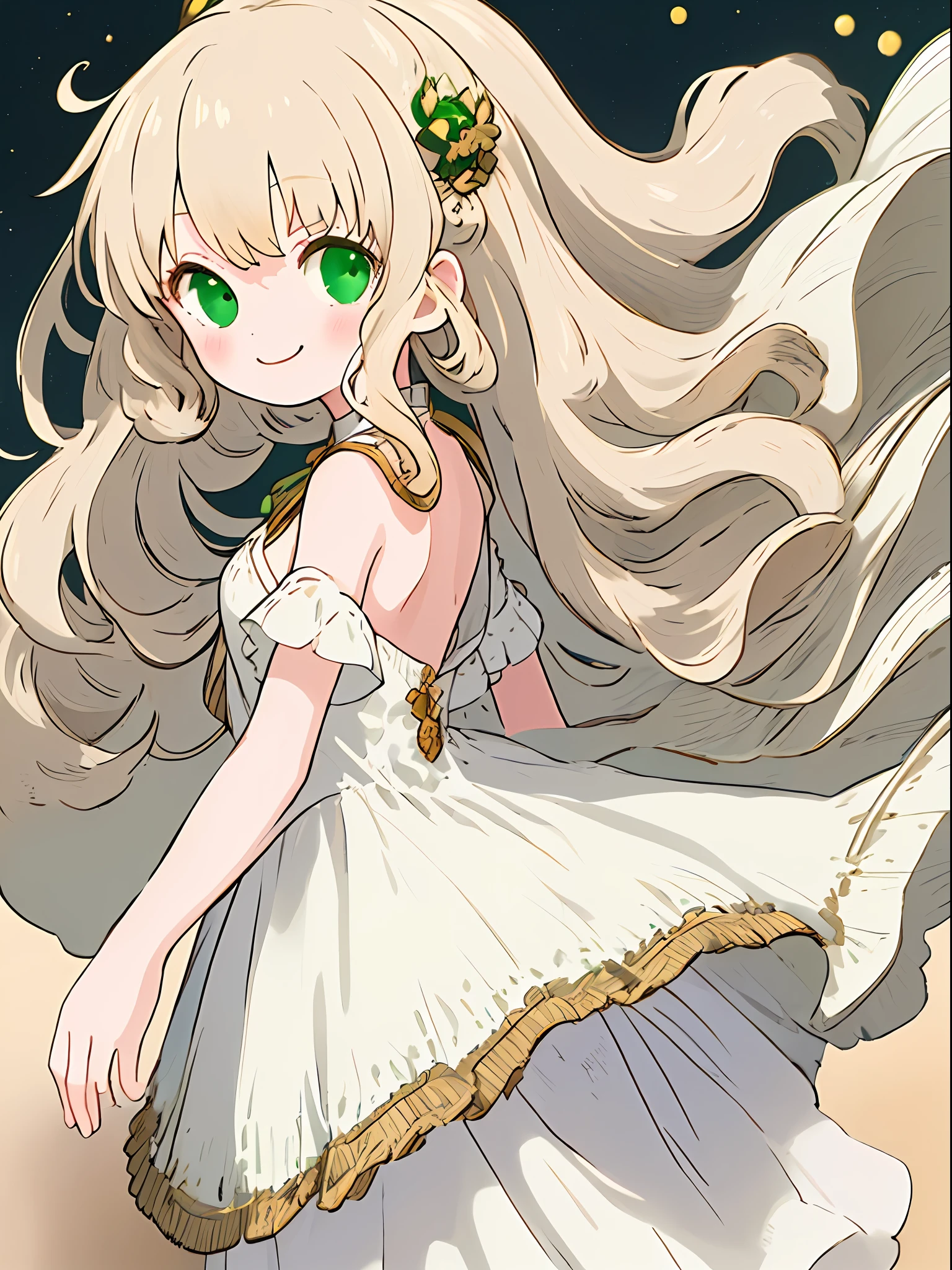 (((masterpiece))), (((best quality))), 1girl, ((solo focus)), solo, Loli, small breasts, from back, {galaxy} background, aura, looking back, wavy hair, blonde long hair, (beige hair), green eyes, ((white dress), smile, happy