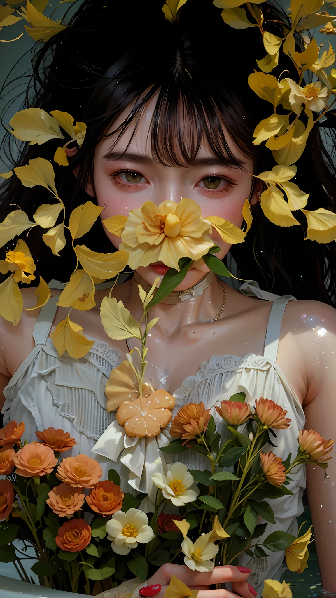 Chica joven con cabello largo y castaño tumbada en el agua con una flor amarilla en sus manos, Pétalos amarillos flotando en la superficie del agua., Pétalos que cubren la cara., Mujer con vestido blanco, foto de mujer tierna, Chica acostada en la bañera, Luz tenue, rosa negro&#39;s retrato de jossi, e-chica