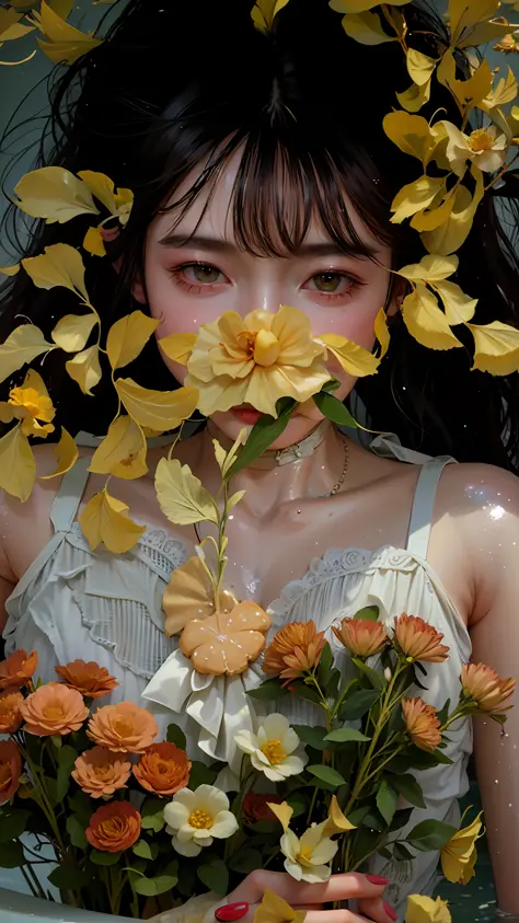 Young girl with long brown hair lying in water with yellow flower in her hands, yellow petals floating on water surface, petals ...