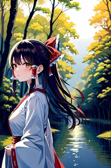 detailed background, masterpiece, best quality, 1girl, hakurei reimu, brown hair, hair tubes, hair ribbon, brown eyes, nontraditional miko, a forest full of purple and white trees, fireflies, water, purple theme, white theme, mystical, magical,