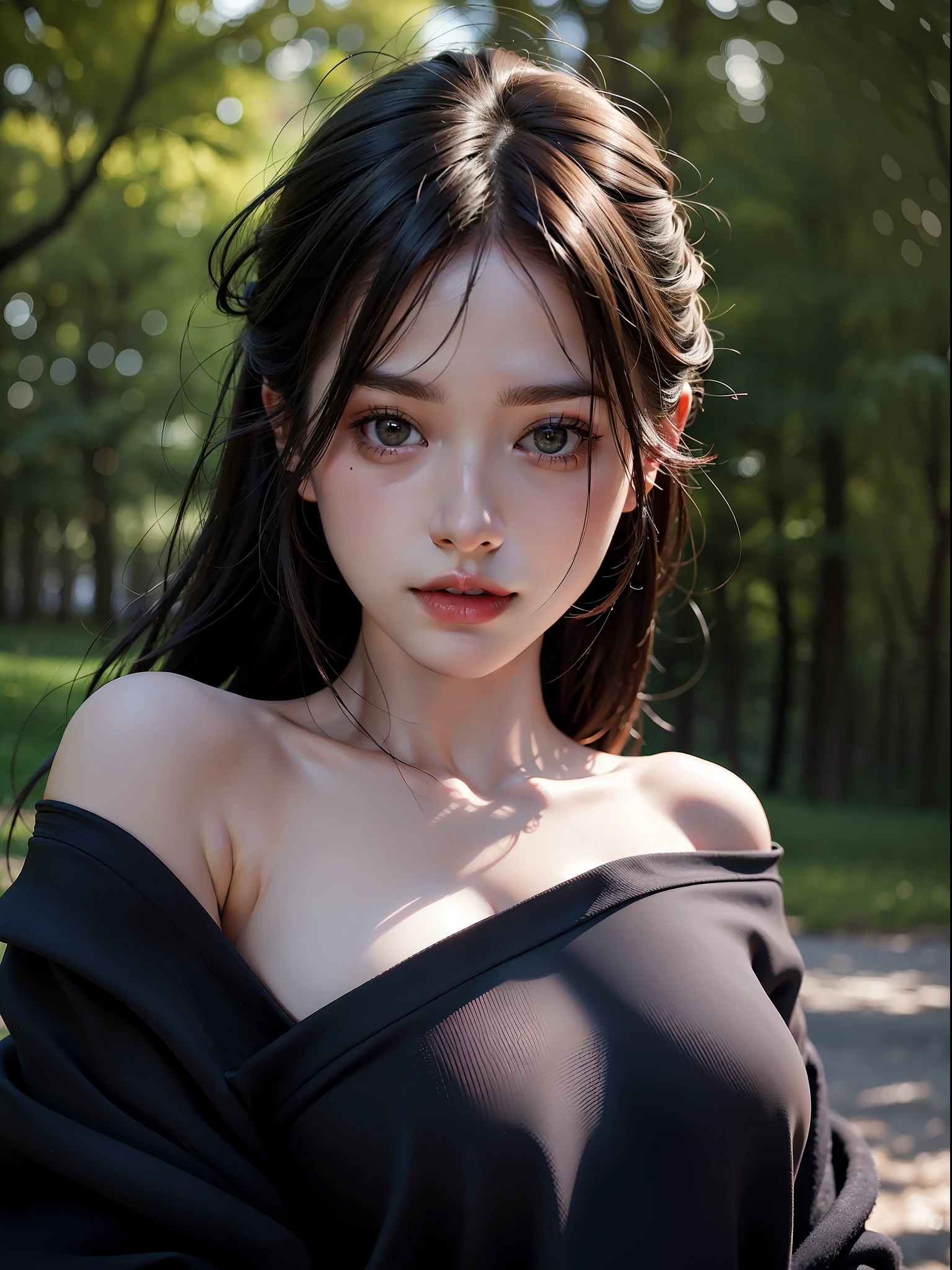 Best quality, masterpiece, ultra high res, (photorealistic:1.4), raw photo, 1girl, offshoulder, in the dark, deep shadow, low key, cold light,in a park