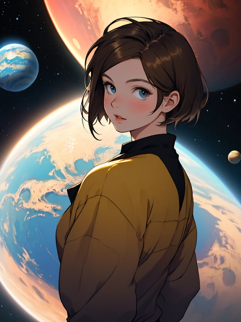 (детальное изображение) молодая брюнетка с очень короткими волосами смотрит на планеты