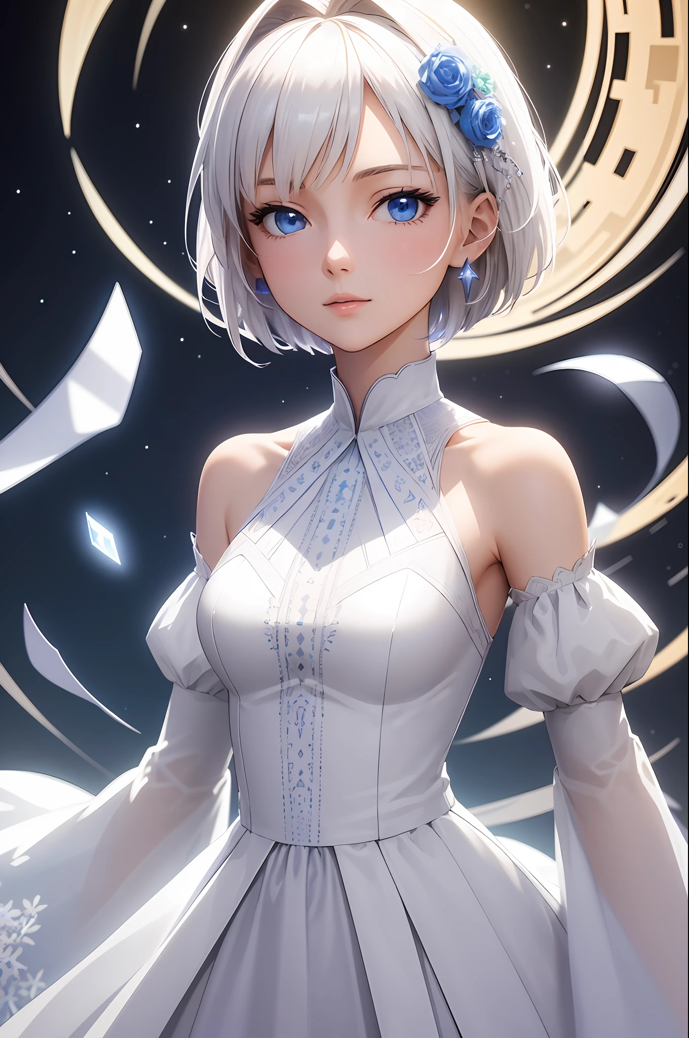 ((((masterpiece, extremely detailed), (realistic eyes, realistic pupils), full moon, factorial, white dress, luminous stars, digital illustration, fractal, luminous stars, defractive bursts, chromatic aberration, flowering And (luminous, holofile: 0.6), blue eyes, girl, mature, half-closed eyes, platinum blonde hair, short hair, blue eyes, [[author: Sherkhan Romeo:0]