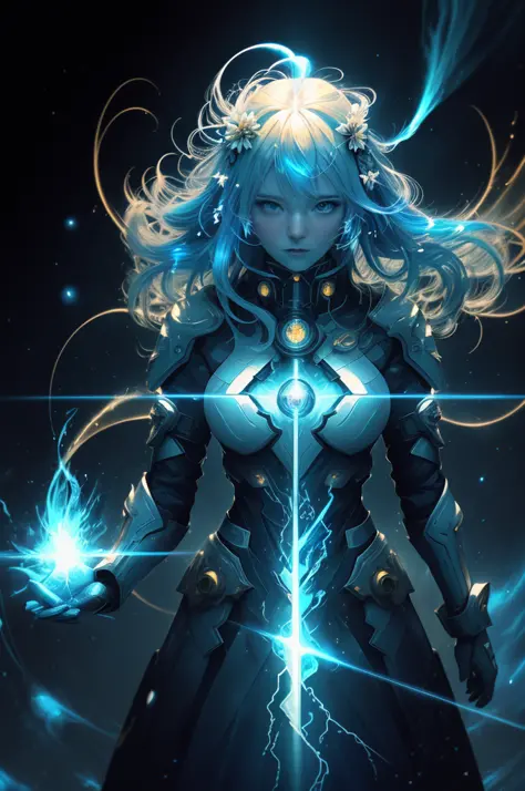 Digital Ilustration, Anime style, Woman, elemental mage engulfed in blue flames and yellow lightning, chromatic chaos, gold and ice tones, depth of field, beautiful, highly detailed, hyperrealistic, cinematic lighting, clear, space background, cinematic li...