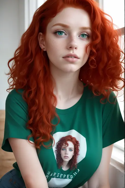 Aesthetic artwork, a woman, red hair, blue eyes, curly hair, freckles on both cheeks, full lips, sympathetic look, fair skin, green t-shirt, black jeans, small build,