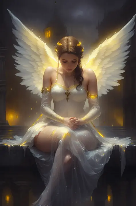 a woman with angel wings, sitting on a ledge, sitting against the backdrop of yellow and blue lights, rain, muted colors, bokeh ((masterpiece, best quality)), beautiful detailed eyes, detailed face, bloody particles, full body, (((illustration, digital pai...
