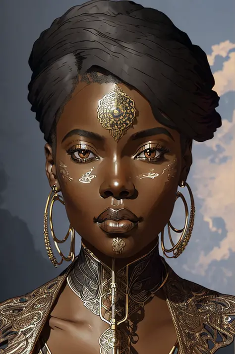 a digital illustration of black african woman in the style of Art Nouveau, steampunk, anime, pretty face, large scale, realistic...