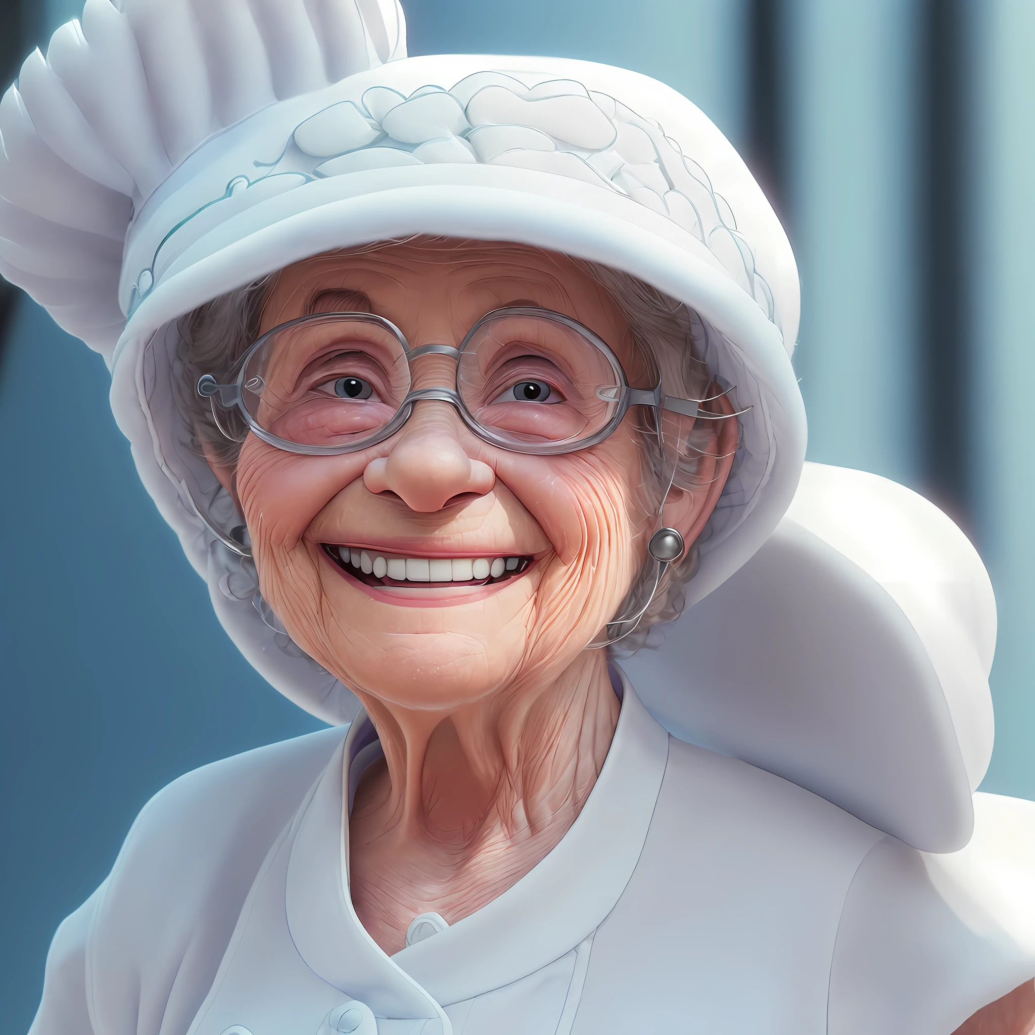((best quality)) (detailed) (high resolution and sharpness:1.4) (cute granny smiling in white cook outfit and hat:1.8), (latin:1.5), (chef outfit and hat:1.4), (close-up:1.4), (centered:1.5), (against dark background:1.3), (looking into camera lens:1.4), (bright eyes:1.3), (window lighting:1.4), (lighting studio perfect:1.3), (sharp focus:1.4), (high resolution photography:1.2), ultra detailed, highly detailed, (high definition:1.2), (perfect composition:1.2), intricate, (cute and beautiful:1.3), award-winning photography, professional color grading, octane, unrealistic, vibrant colors, (in pixar style:1.5)