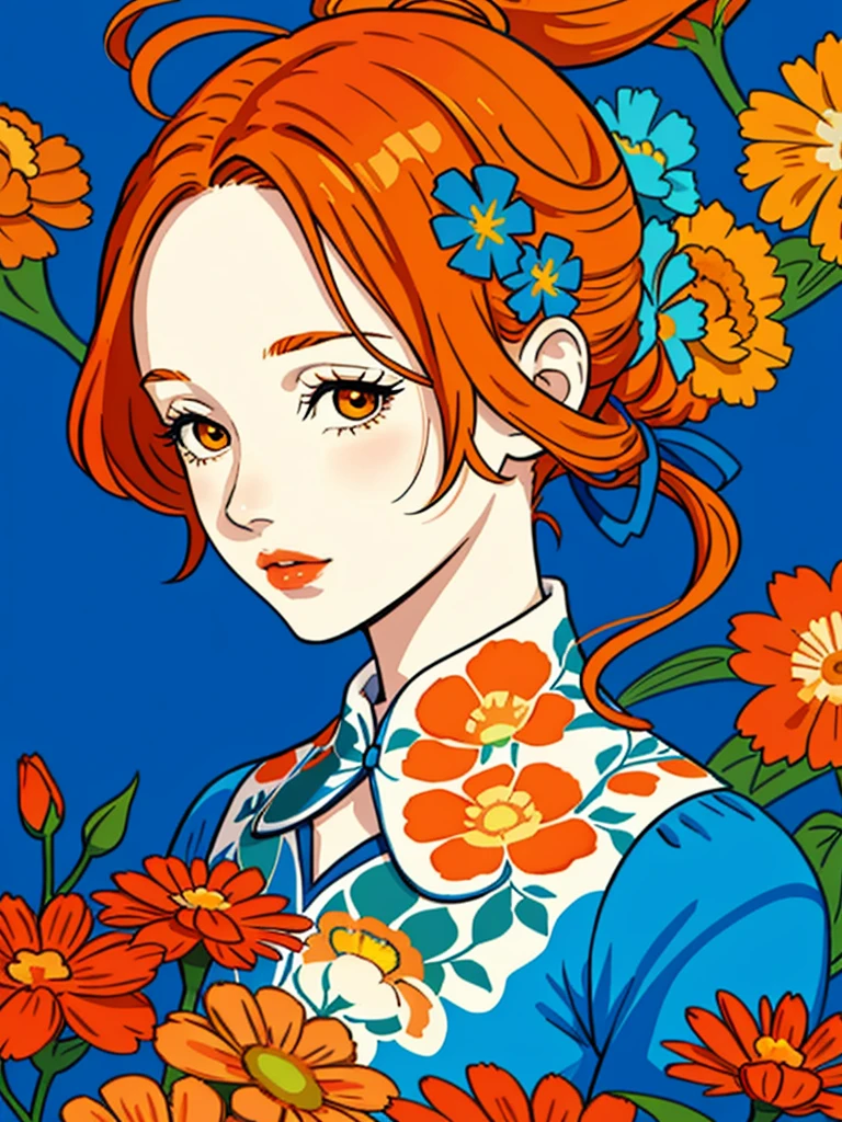 a painting of a woman with orange hair and flowers in her hair, with a blue background by James Jean