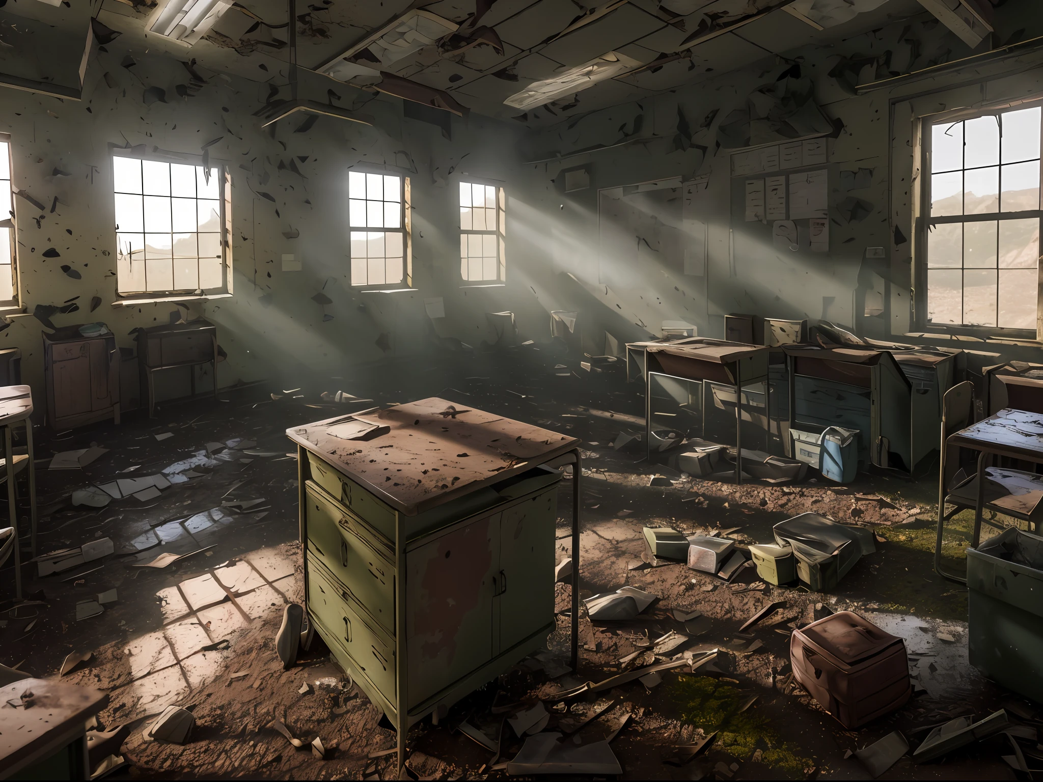 3d render of classroom, abandoned, dramatic color grade, moss, abandoned, broken, old, accurate color grading, rvb, Sony A7 III, Sigma Art 85 mm f/1,4 DG HSM, perfect, subsurface scattering, unreal engine, dusty sun light, dystopian world