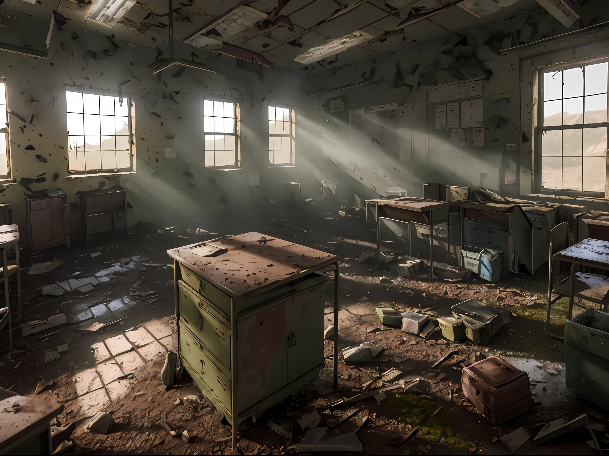 Render 3D del aula, Abandonado, Grado de color dramático, musgo, Abandonado, roto, VIEJO, Gradación de color precisa, Junta ejecutiva, Sony A7III, Sigma Art 85 mm f/1,4 DG SSM, perfecto, dispersión subsuperficial, Motor irreal, Luz solar polvorienta, mundo distópico