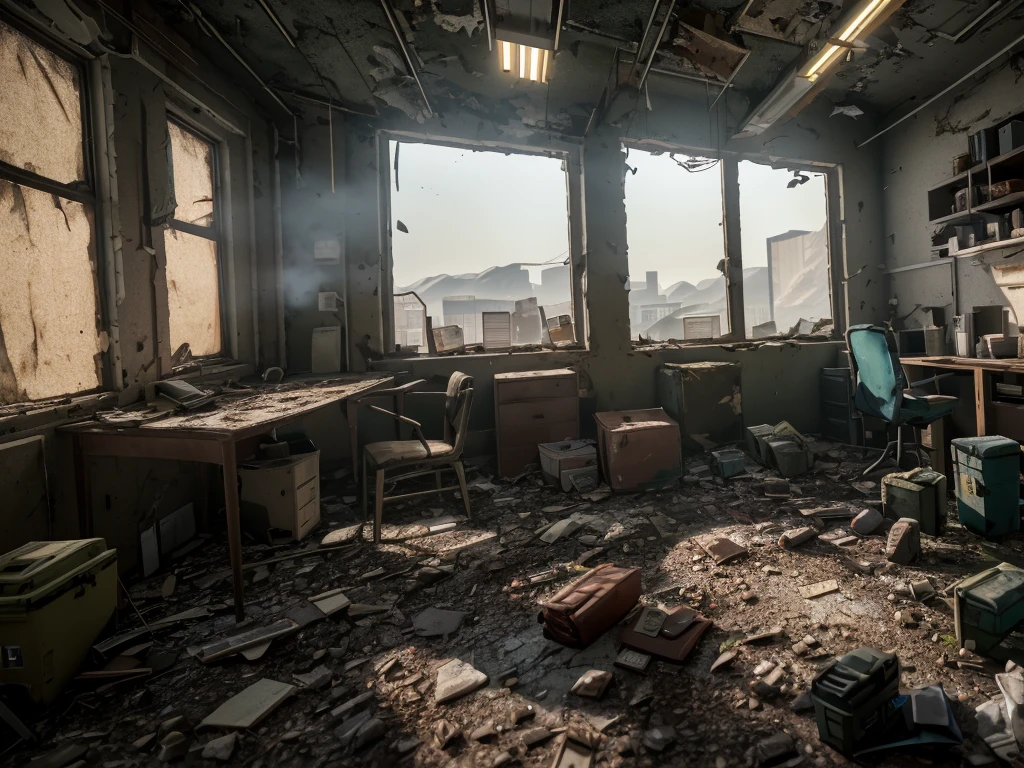 3d render of office, abandoned, dramatic color grade, moss, abandoned, broken, old, accurate color grading, rvb, Sony A7 III, Sigma Art 85 mm f/1,4 DG HSM, perfect, subsurface scattering, unreal engine, dusty sun light, dystopian world