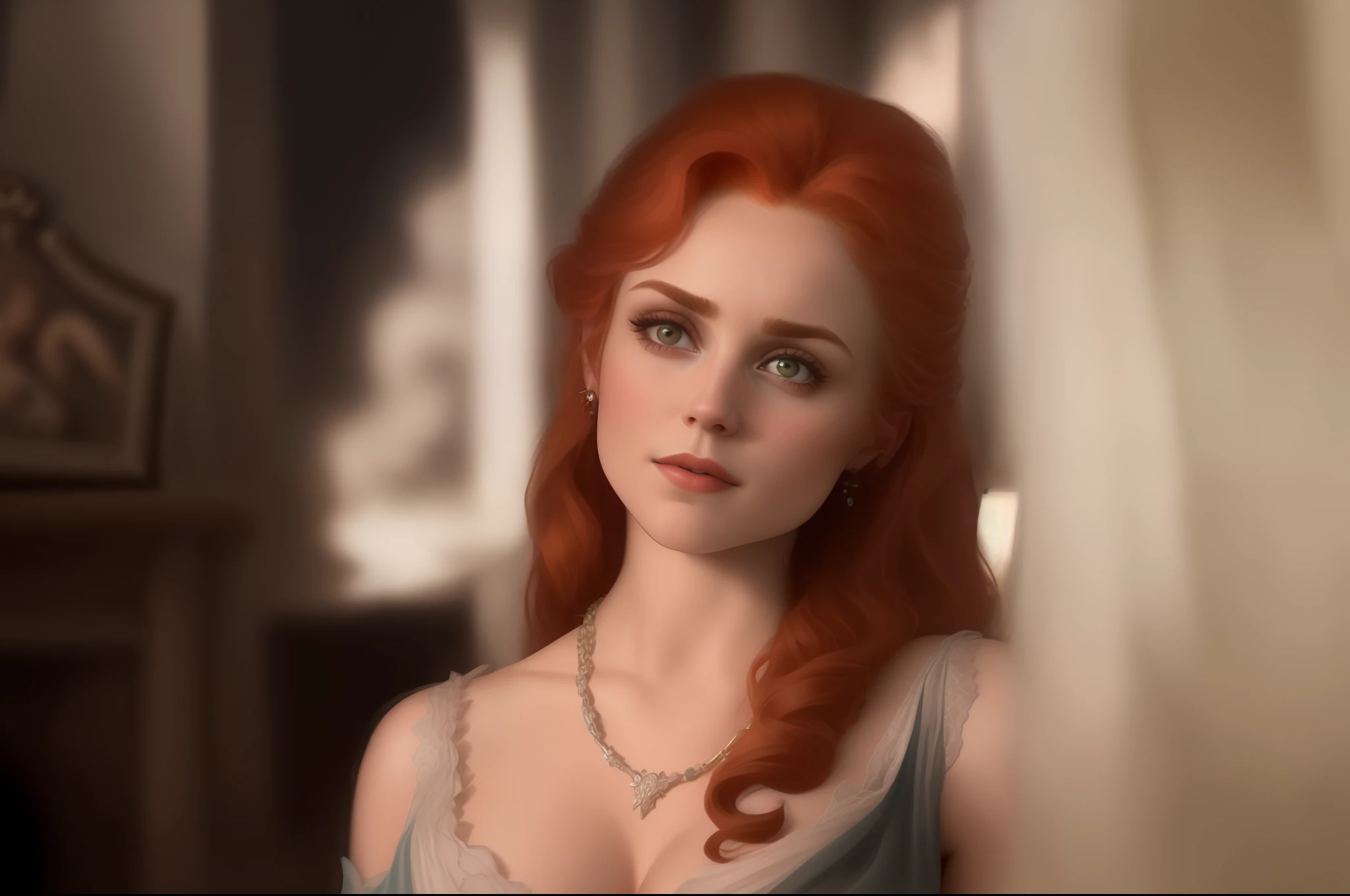 A close up of a woman with red hair wearing a dress - SeaArt AI