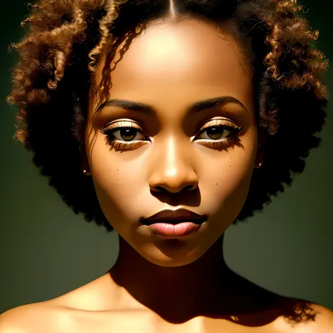 realistic photography, Bold styles, close-up face of beautiful black African woman, her hair is short and curly, her skin shines...