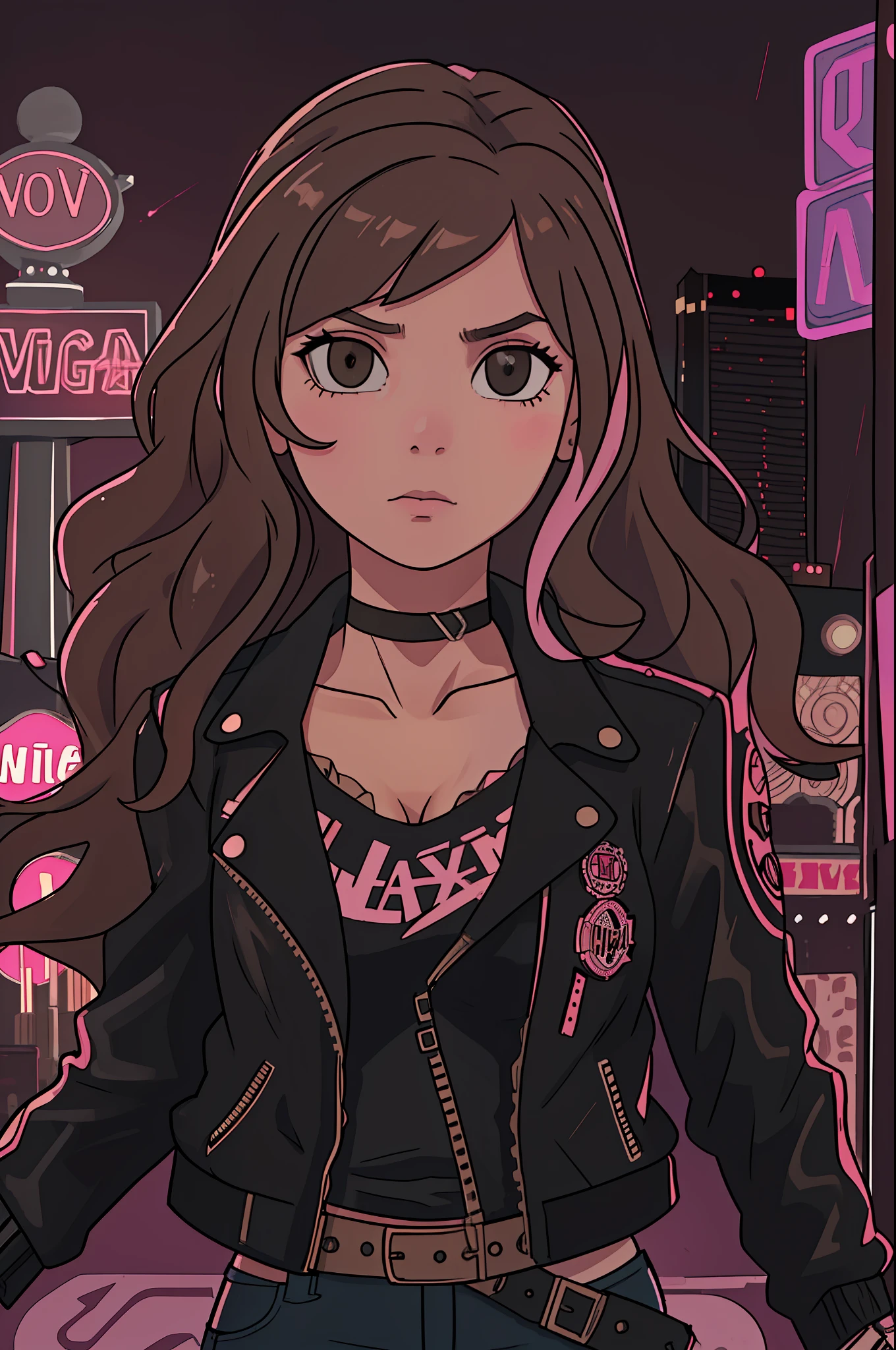 a waist length portrait of a punk girl in a leather jacket, long wavy hair with pink streaks, light brown eyes, fair skin, choker, highly detailed intricate film composition, cinematic lighting, hyper detailed, (las vegas city background: 1.2),