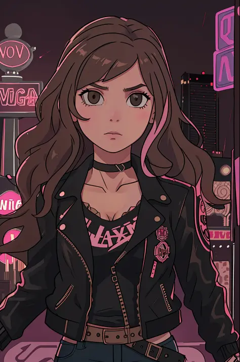 a waist length portrait of a punk girl in a leather jacket, long wavy hair with pink streaks, light brown eyes, fair skin, choke...