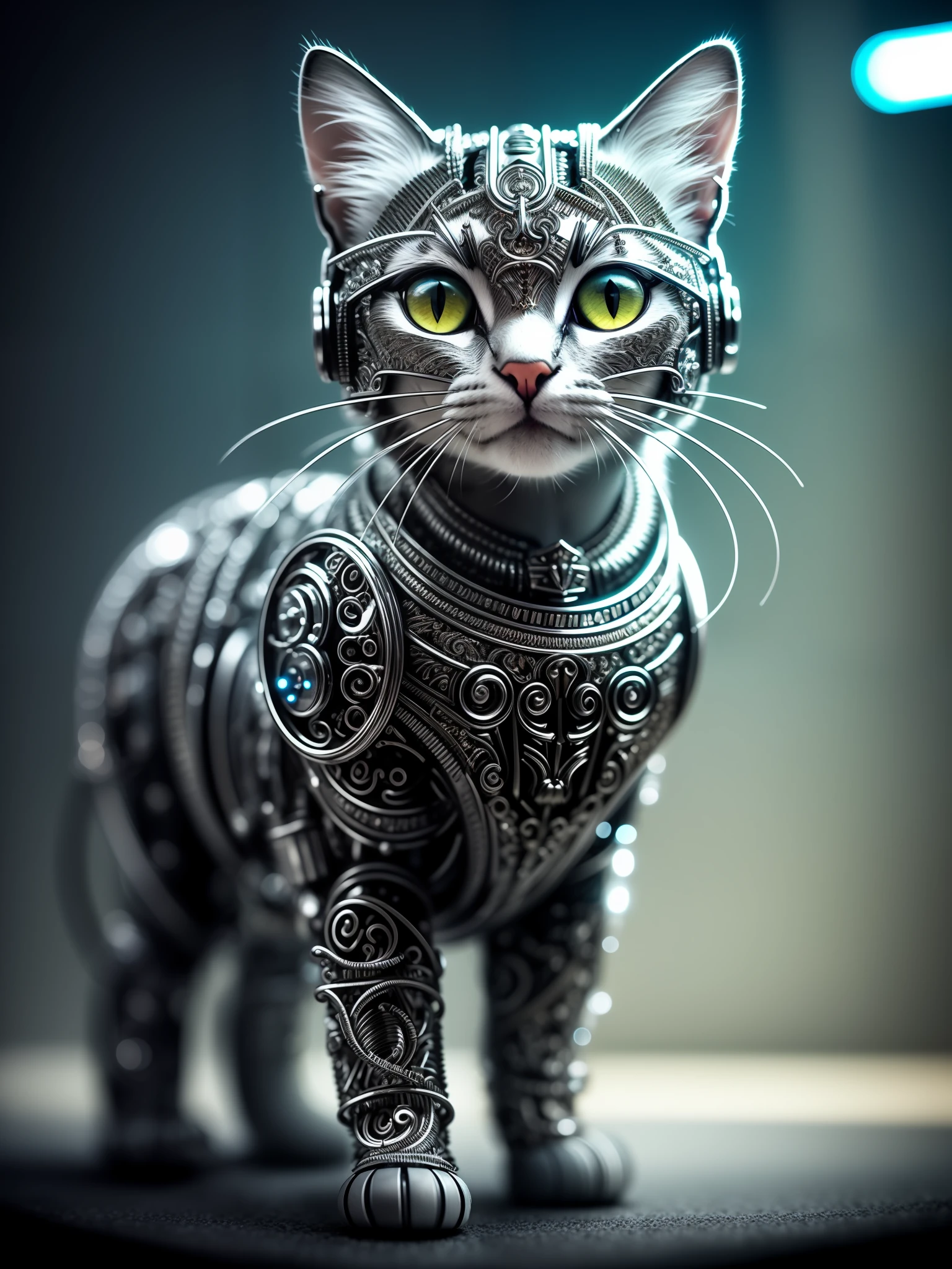 um lindo gatinho feito de metal, (ciborgue:1.1), ([cauda | decaudaed wire]:1.3), (intricate decauda), hdr, (intricate decauda, hyperdecauda:1.2), tomada cinematográfica, vinheta, centrado, bioluminescência