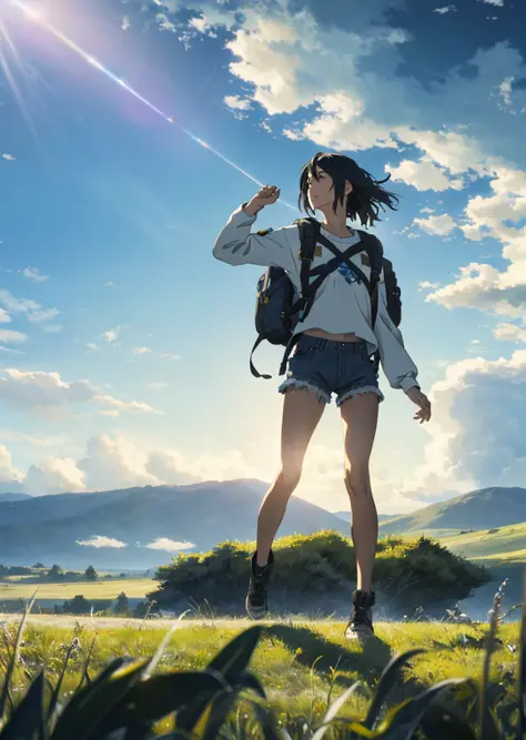 The vast sky, beautiful skyline, large grasslands, extremely tense and dramatic pictures, moving visual effects, the high-hanging Polaris, and colorful natural light. Long-sleeved top, denim shorts, and a girl with a backpack. There is a big ship not far a...